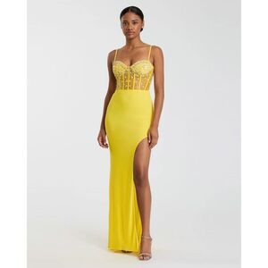 NWT MAC DUGGAL Yellow Spaghetti Strap Beaded Sheer Bodice Gown with Slit Size Sm